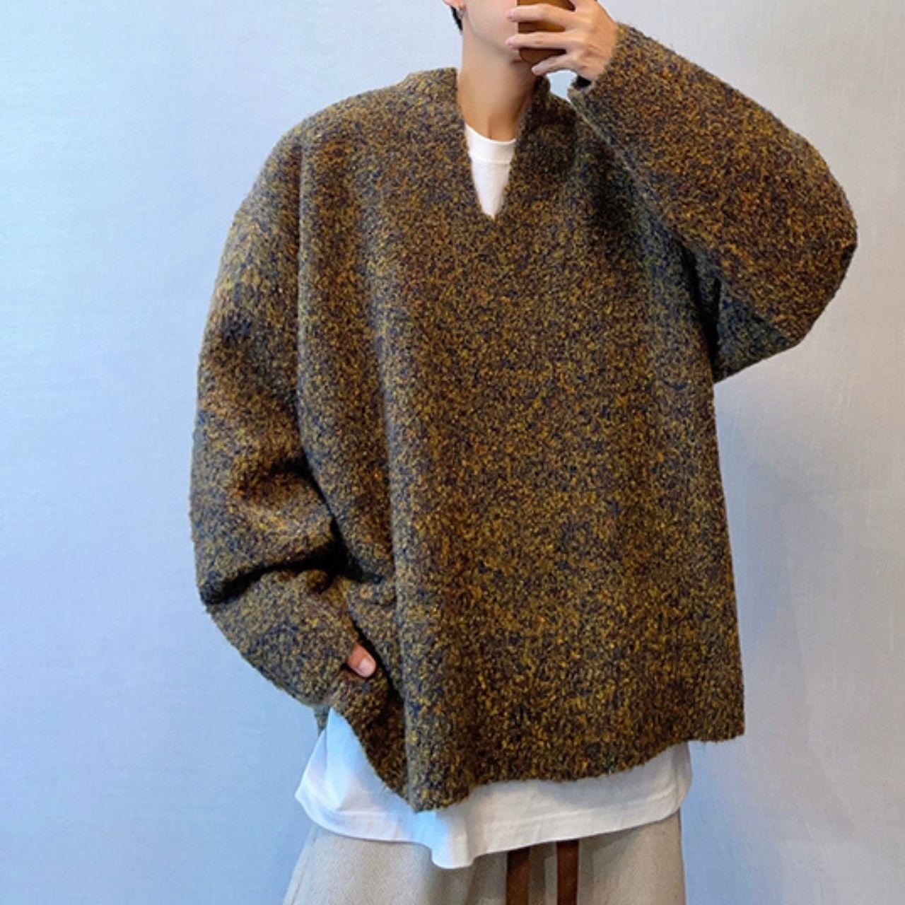 カラーミックスV ネックオフショルダーニット　1043