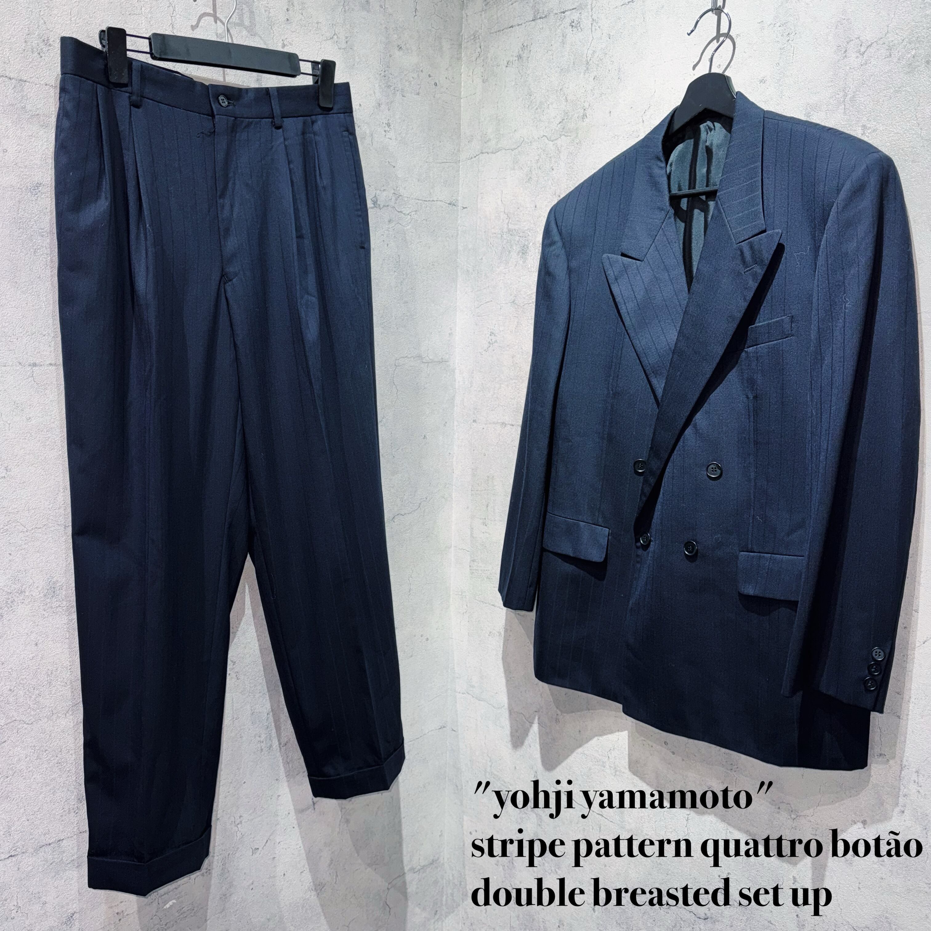 "yohji yamamoto"stripe pattern quattro botão double breasted set up