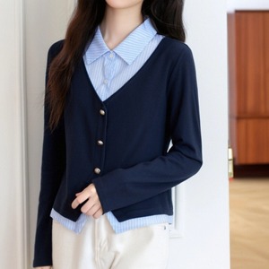 ストライプシャツコンビVネックニットトップス ・74476