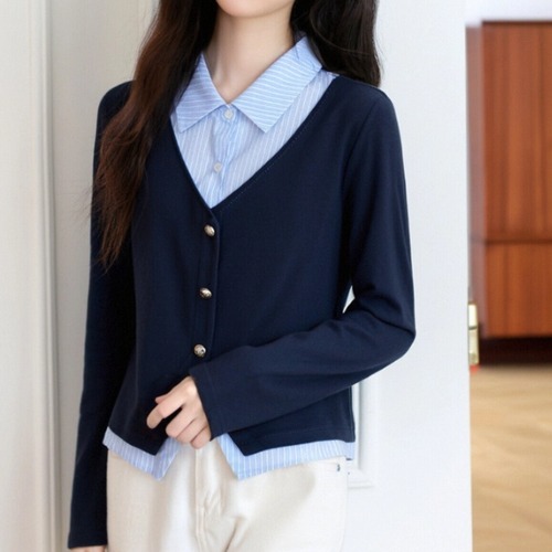 ストライプシャツコンビVネックニットトップス ・74476