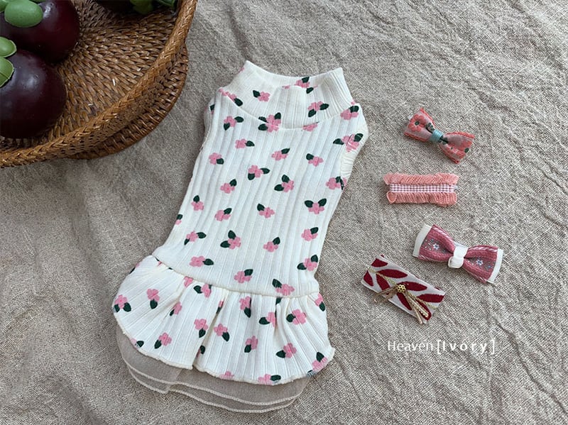 【SALE】heaven flower onepiece XS ~ XL 3color  /  犬服 秋冬 新作 袖なし ストレッチ ドレス ドッグウェア 可愛い 犬の服 チュールワンピース