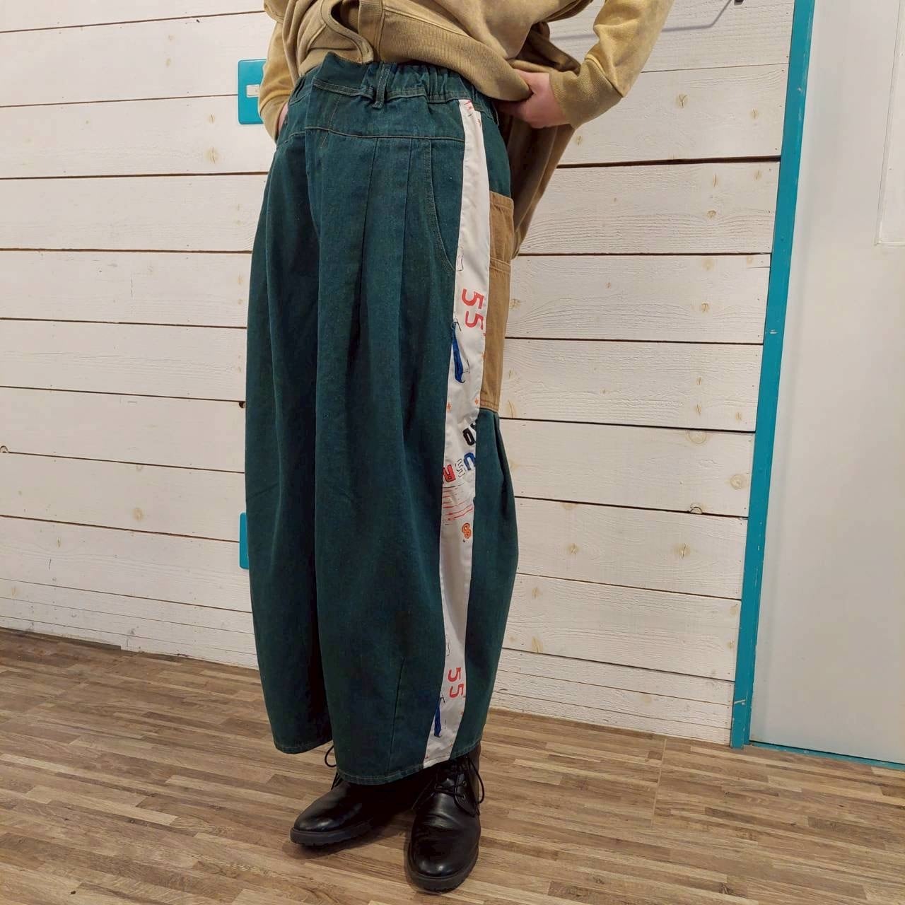 『People's』2655 カラーデニムサルエルパンツ　Limeライム　フリーサイズ　ウエストゴム　