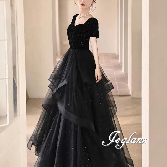 半袖 イブニングドレス ベルベット調 チュール ラメ 編み上げ ♪(MB535)ζ☆