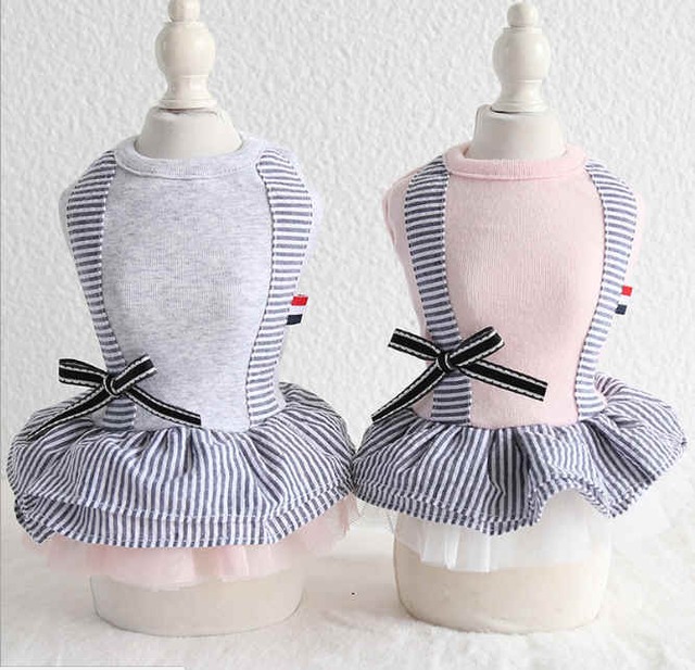 ドッグウェア　フレンチタグ付リボンボーダーワンピース　グレー　犬服