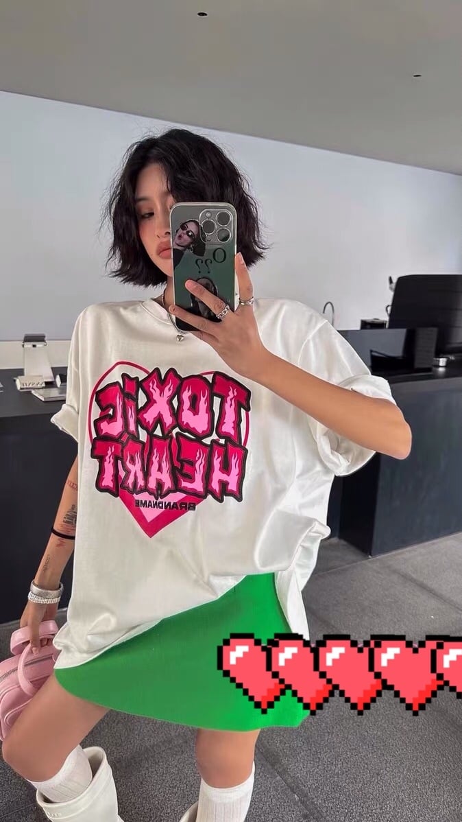 Tシャツ ハート ピンク 黒 トップス ボーダー ピンク 黒 ガーリー