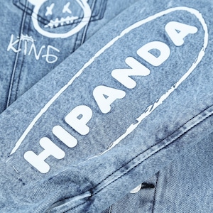 送料無料 【HIPANDA ハイパンダ】男女兼用 落書き風ペイント 裏ボア デニムジャケット Gジャン UNISEX GRAFFITI PAINT BACKSIDE BOA DENIM JACKET / INDIGO BLUE