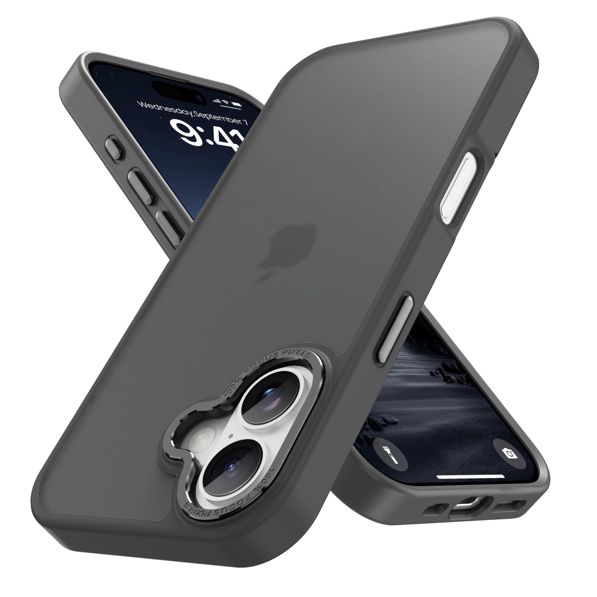 PinLiSheng 対応 iPhone 16 ケース マット 半透明 金属ボタン 耐衝撃 肌に優しい触感 指紋防止 米軍MIL規格 黄変防止 ストラップホール付き スマホケース (ブラック)