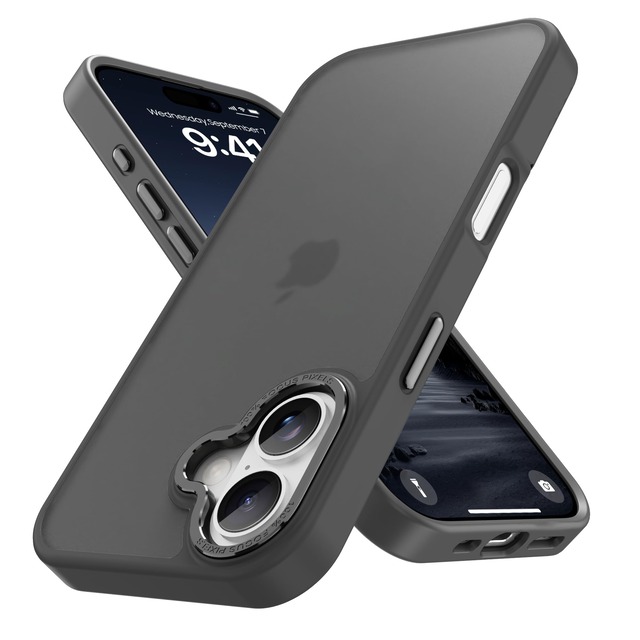 PinLiSheng 対応 iPhone 16 ケース マット 半透明 金属ボタン 耐衝撃 肌に優しい触感 指紋防止 米軍MIL規格 黄変防止 ストラップホール付き スマホケース (ブラック)