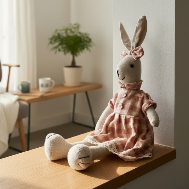 ぬいぐるみ かわいい うさぎ ピンクチェック柄のワンピース インテリア オブジェ 子供部屋 出産祝い 誕生日プレゼント D