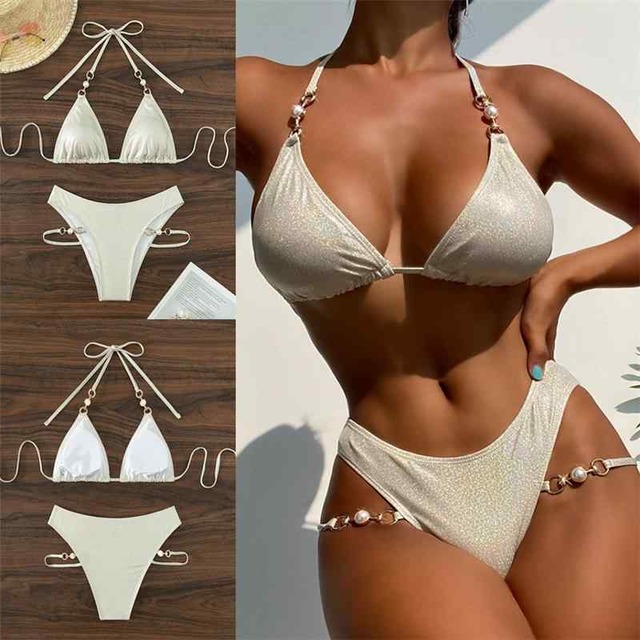 ビキニ セクシー ブラジリアン 水着 キラキラ ラメ 白 パール ビジュー 個性的 エキゾチック レディース 紐 かっこいい マイクロビキニ ホワイト 無地 ホルターネック グリッター 輝く クリスタル セパレート 海外 きれいめ エスニック アジアン