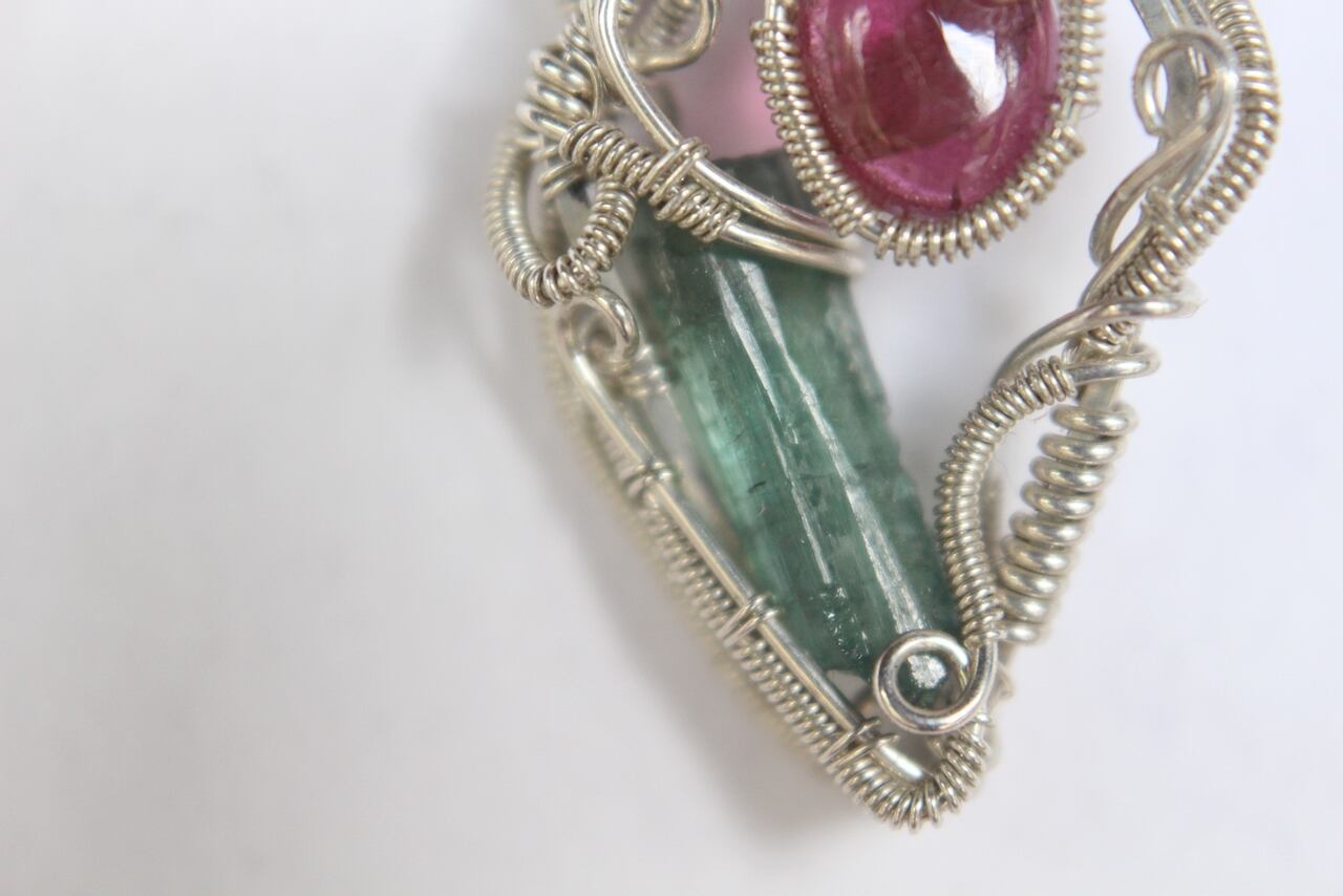 Green & Pink Tourmaline silver925 wire wrapping pendant
