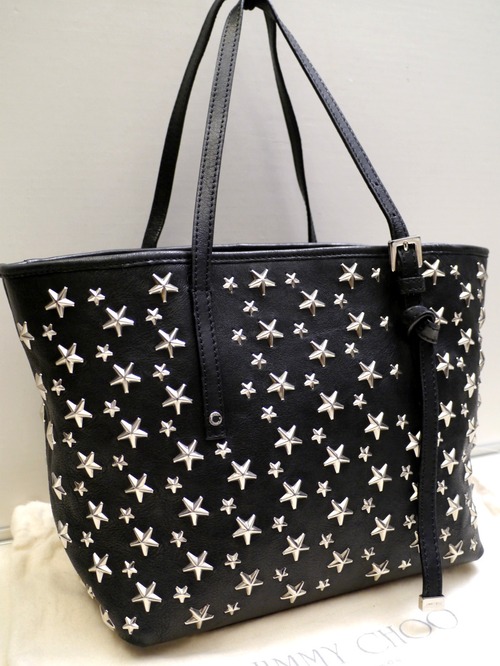 18万★JIMMY CHOO ジミーチュウ SASHA サシャ ☆スタッズ レザー トート バッグ 黒x銀★ 定番の☆スタッズが可愛らしいトート型万能モデル