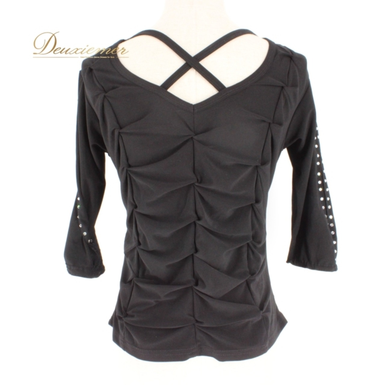 社交ダンス 衣装 スタンダード トップス レッスンウェア レディース Create-Sun クリエイトサン 練習着 ブラック系 黒 ラインストーン 無地 伸縮性 フィット感 シンプル モノトーン おしゃれ アシンメトリー 袖あり スタイリッシュ ダンスウェア 衣装 ブラック トップス レディース用 発表会 練習用 エレガント ステージ衣装