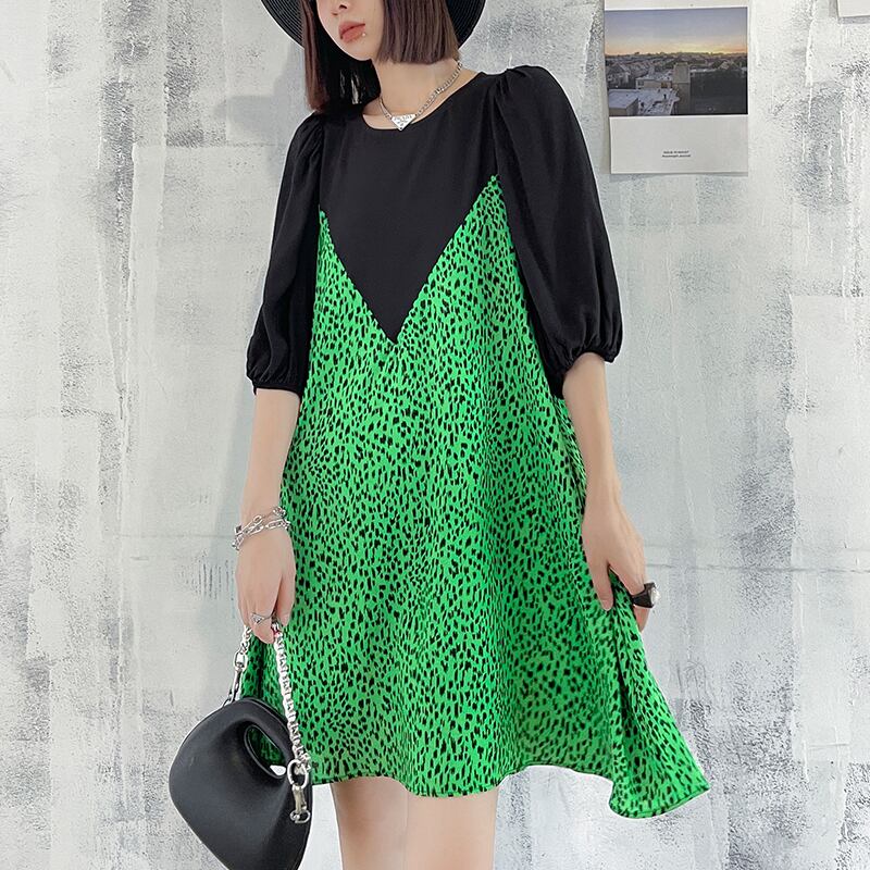 スリーブドレス サマールーズ薄手スカート ラウンドネックカジュアル 夏物 Oネック ステッチ ラブタオタオダレンハウス81465229969