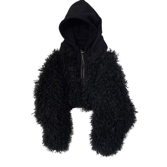 Black Faux Fur Sherpa Jacket, Loose Fit Short Layered Sweatshirt Style Coat (ME280)