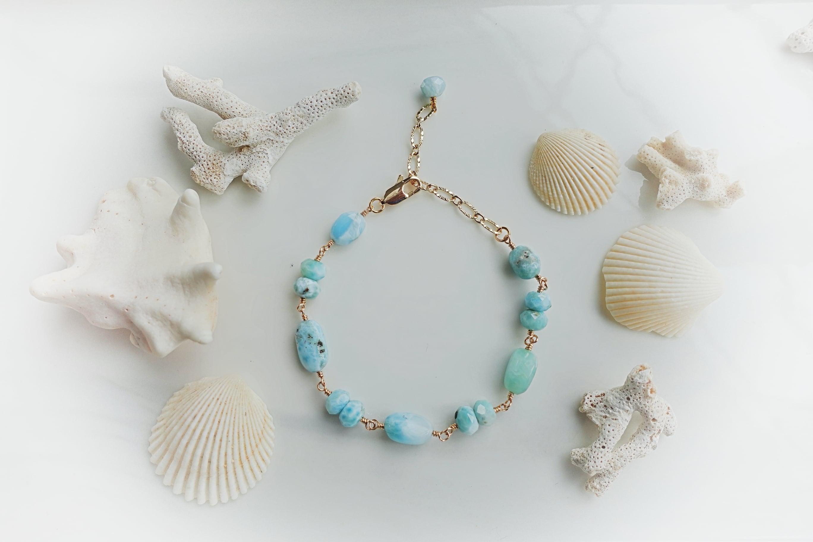 希少⭐︎ラリマー×シェル海の女神ブレスレット／愛と癒し／ドミニカ産