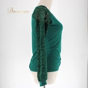 社交ダンス 衣装 スタンダード トップス レッスンウェア レディース グリーン系 緑 レース 練習着 長袖 かわいい フォーマル 上品 練習用 レッスン用 ワルツ タンゴ デモ お稽古ウェア グリーン 緑系 深緑 きれいめ 大人かわいい シック 透け感 レース素材 レース袖 レース調 伸縮性 ルーズ感 フィット感 エレガント フォーマルウェア パーティー ステージ衣装 フロントシャーリング かわいいデザイン スタイリッシュ 9号表記なし Mサイズ相当 長袖トップス