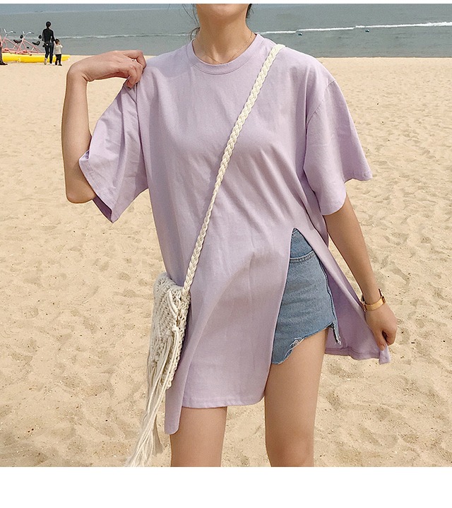 トップス ロング Tシャツ 夏 半袖 スリット ゆったり パープル ブラック ホワイト ピンク