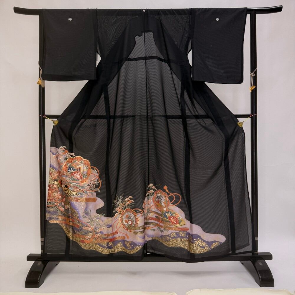 黒留袖 絽 夏物 夏黒留袖 幅広 大きい 裄65.5cm M サイズ リサイクル着物 安い リメイク 中古 礼装 ポリエステル リユース 5964