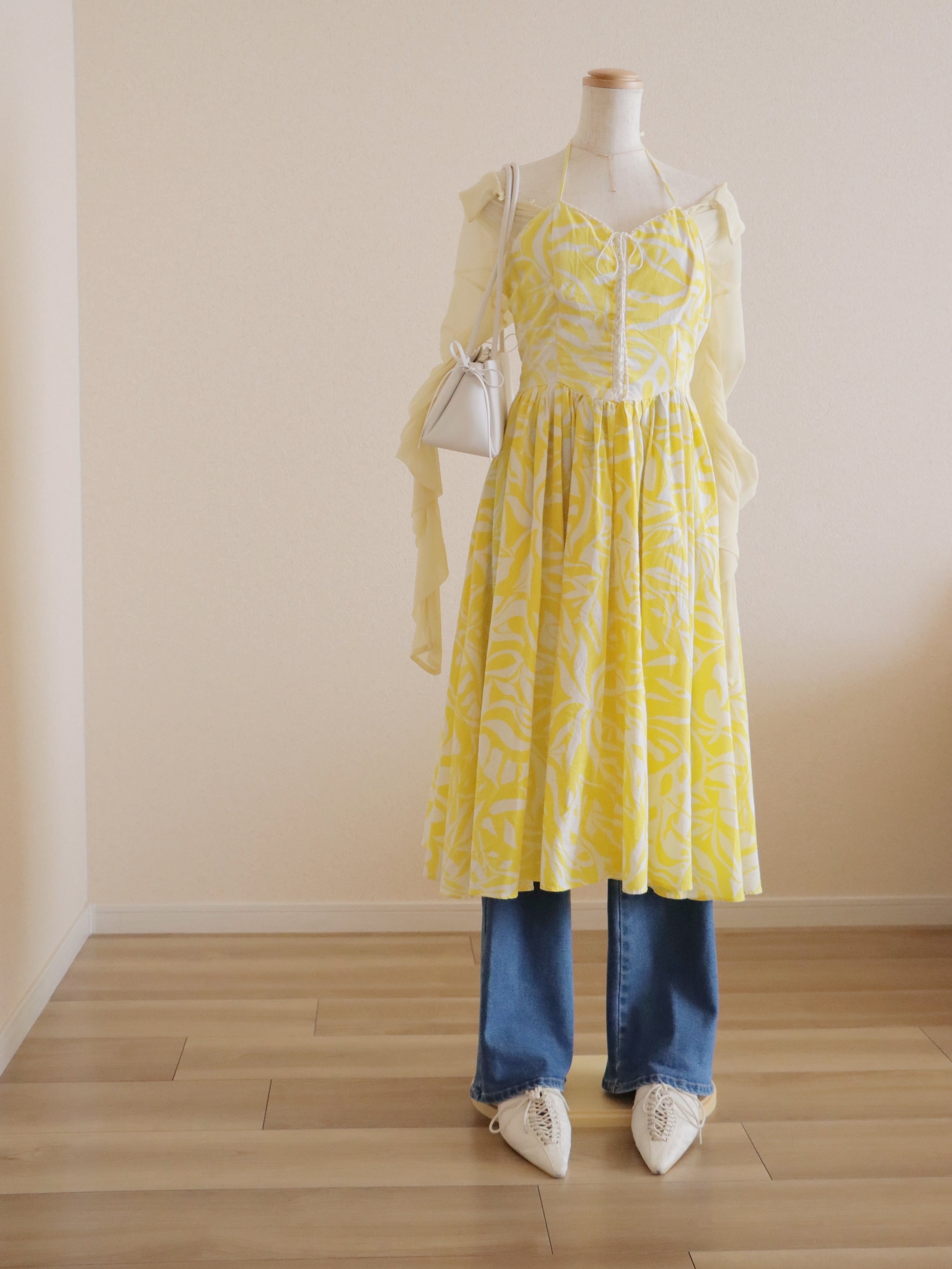 ●70-80s USA yellow color flower design back ribbon cotton dress