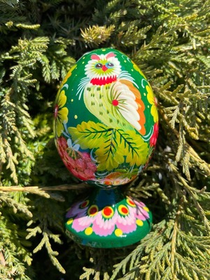 ペトリキウカ塗り　木製プィサンカ・スタンド一体型（イースター・エッグ）9cm（ホメンコ作）