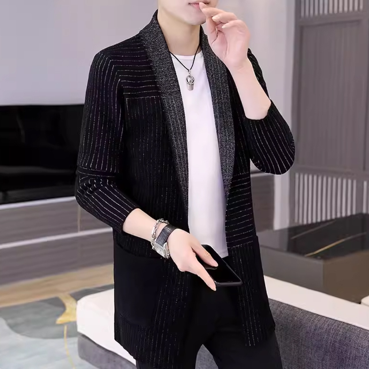 個性的なデザインミドル丈セータージャケット　SH02701