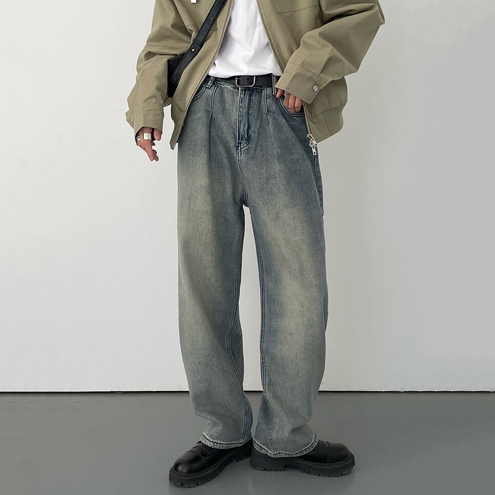 SQUARE FACEレトロ藍色ウォッシュドデニムパンツ