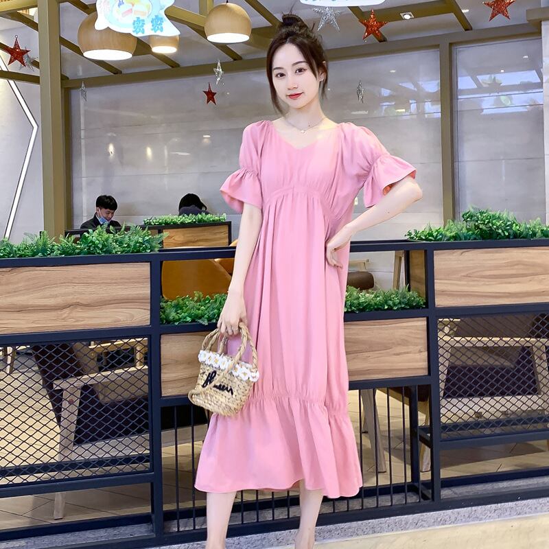 【新作】【送料無料】 マタニティウェア2020夏の新しい綿とリネンのVネックホルタールーズドレスミドル丈ドレス妊婦-アリババ コットン サマー 夏物 expec296212398301