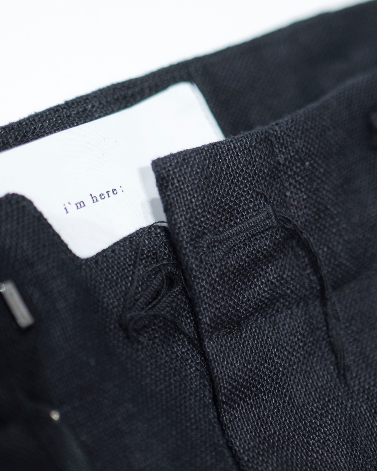 i’m here - Linen Wide Pants :Black|3種リネン切替/ワイド/“だまし絵”前立て