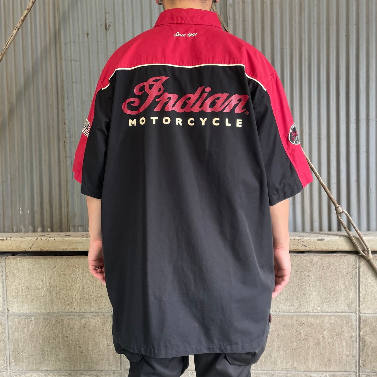 Indian Motorcycle バイカー ワークシャツ メンズ 刺繍 M Indian MOTORCYCLE 企業ロゴ刺繍 バックプリント 半袖ワークシャツ