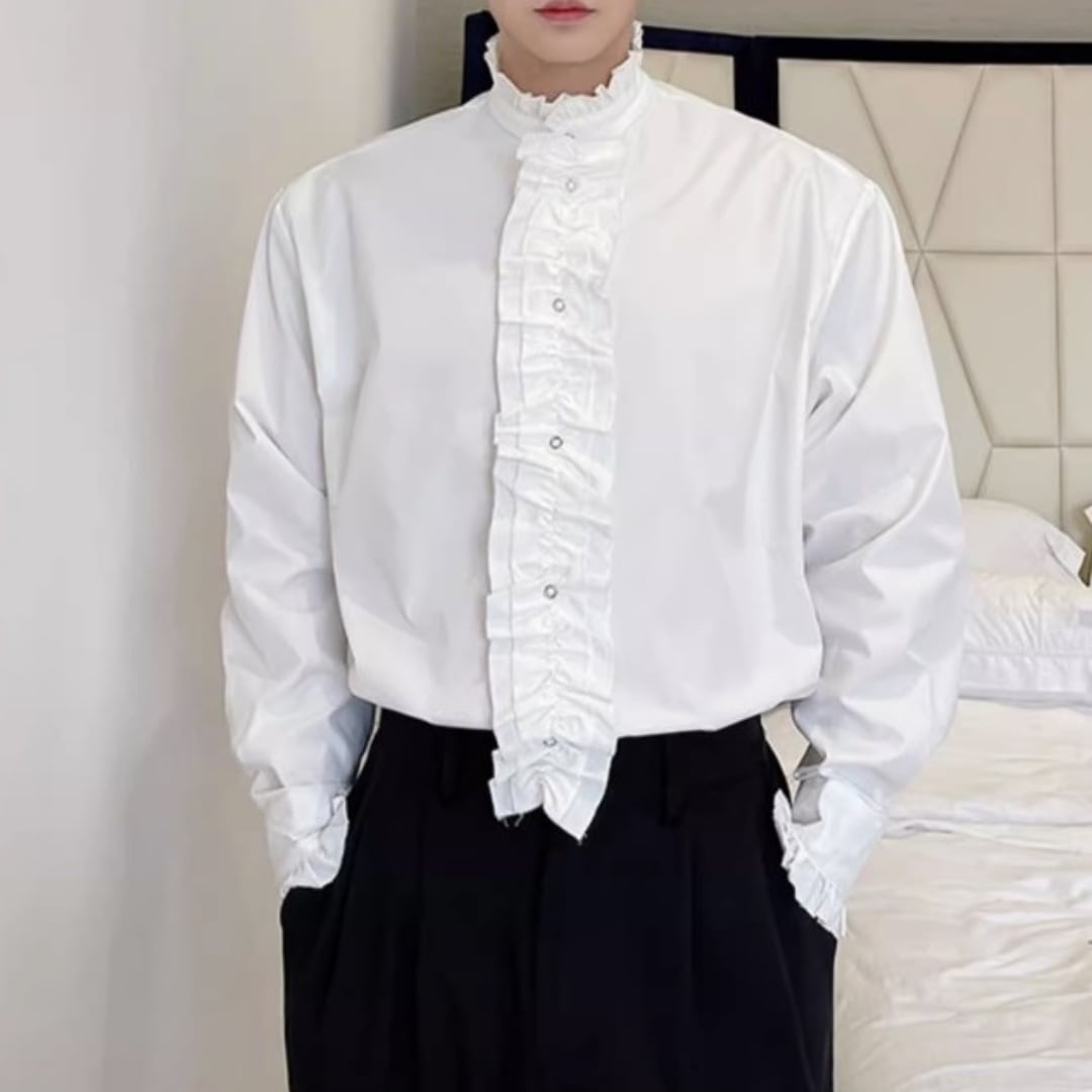 スタンドカラー 長袖フリルシャツ 2カラー D10350 | 韓国メンズ