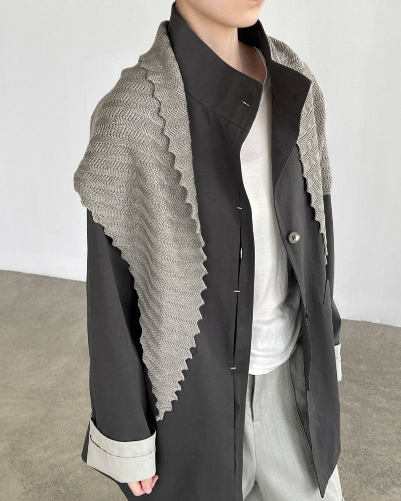 Stand Collar Utility Jacket With Knit Shawl