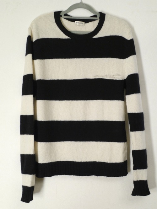 美品◆SAINT LAURENT PARIS サンローラン ボーダー柄 ダメージ加工 カシミヤ混 ウール ニット セーター 白x黒◆ 美シルエットの上質ニット