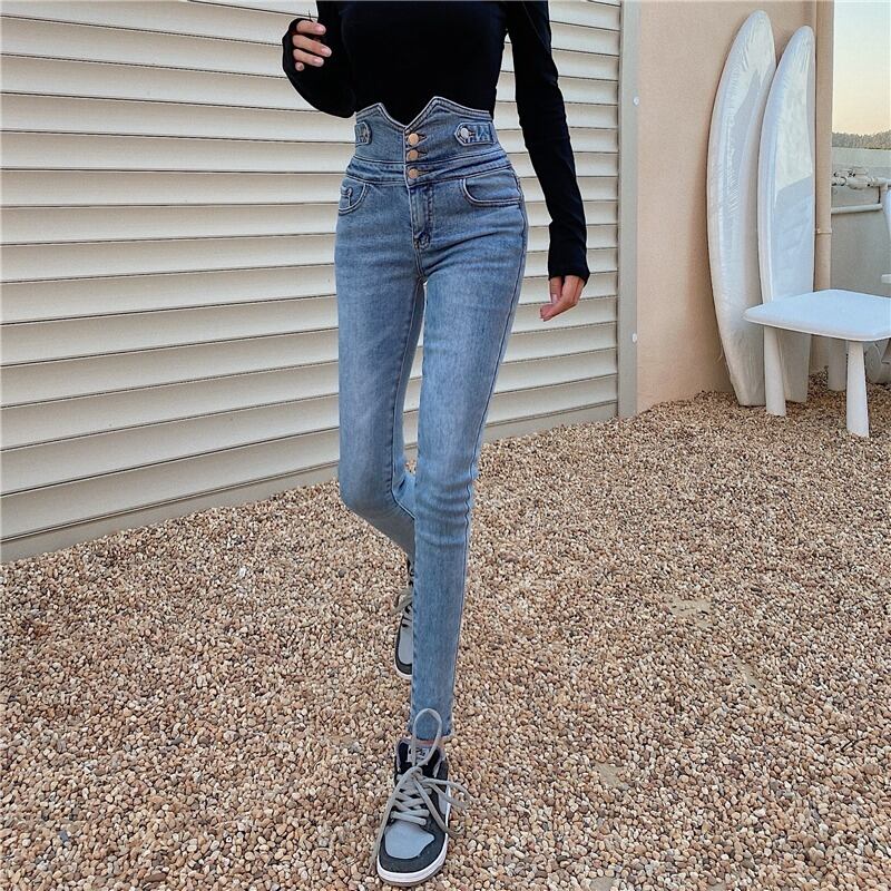 ハイウェストウェストジーンズ レディーススプリングオータム薄手スリムパンツ 春物 秋物 1号婦人34214263388