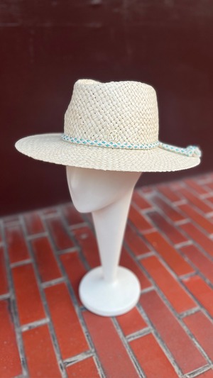 MAISON MICHEL -Charles- woven straw fedora hat with shiny blue cord. :NATURAL