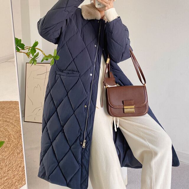 コート レディース アウター ロングコート キルティング ファー あたたかい 秋冬 防寒 お出かけ おしゃれ 大人可愛い こなれ感 シンプル ネイビー/ブラック S/M/L