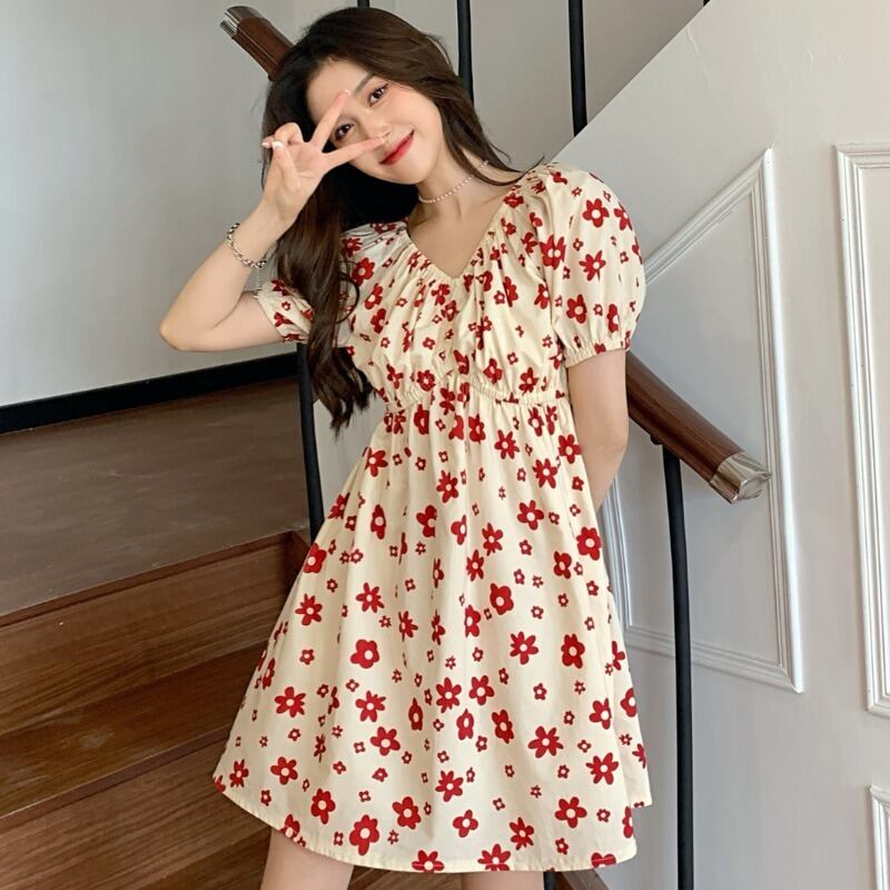 スタンダードレッドFlowerデザイン ロングショートシャツ レディースサマーVネックスリーブウェストドレス レトロ 夏物 フラワーデザイン YY-ファッション21047312224