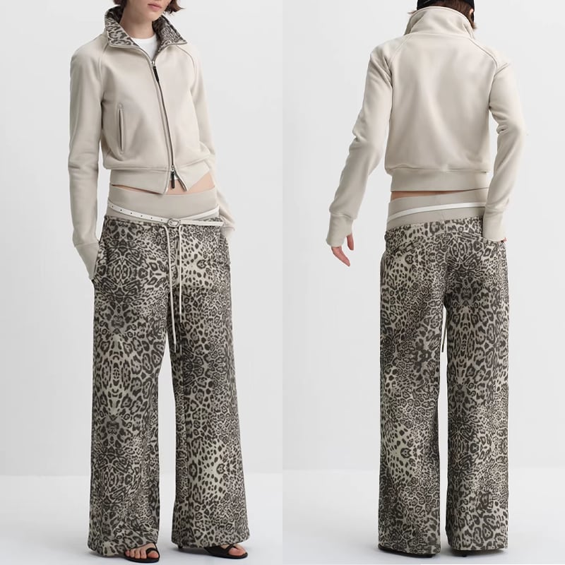 【set】裏起毛ヒョウ柄ドッキングコート×ワイドパンツセット Q7945