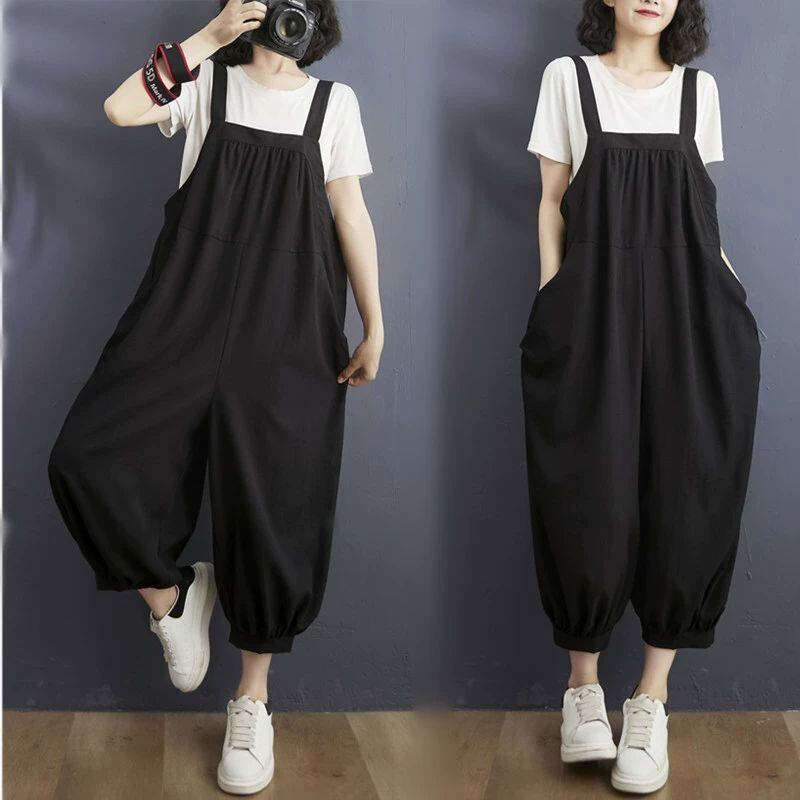 BLACK ELASTIC HEM CROPPED OVERALL 1color M-13735