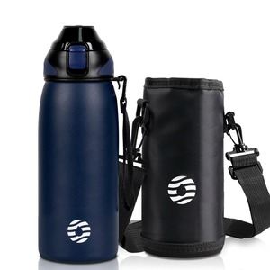 【努力特価】FJbottle 水筒 600ml 真空断熱 マグボトル(ストラップ付き) ワンタッチ 保温 保冷 洗いやすい 広口 ステンレスボトル 水筒カバー 洗浄用スポンジ付き 女の子 男の子 おしゃれ 大人 子供 ブルー