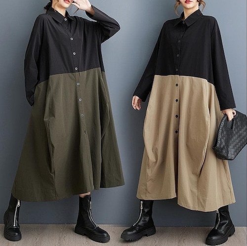新品 大きいサイズ 春秋冬 アシメ シャツワンピース 個性的 カーキ