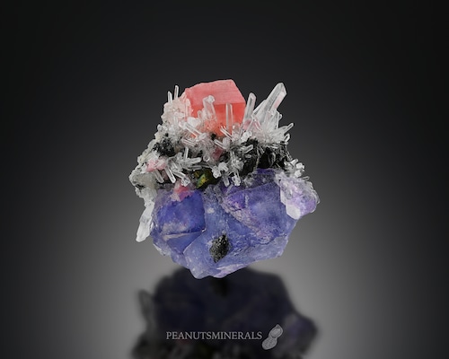 ロードクロサイト/フローライト/クォーツ/キャルコパイライト【Rhodochrosite on Fluorite with Quartz & Chalcopyrite】アメリカ産