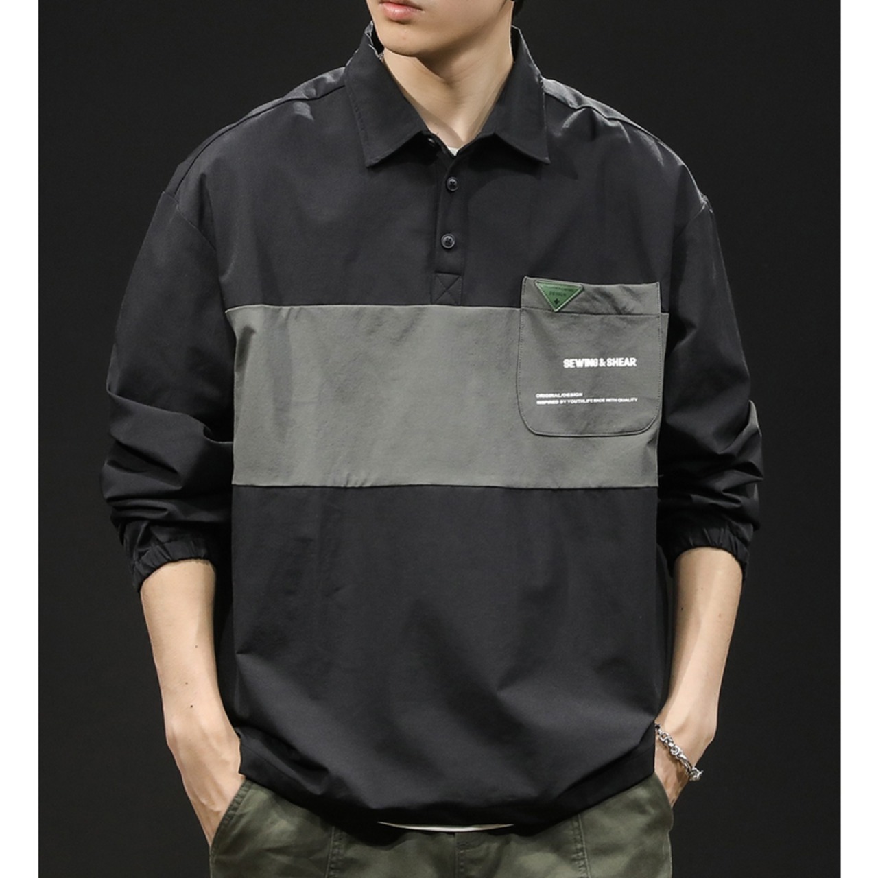 Two-Tone Long Sleeve Polo Shirt ◇2color H0476