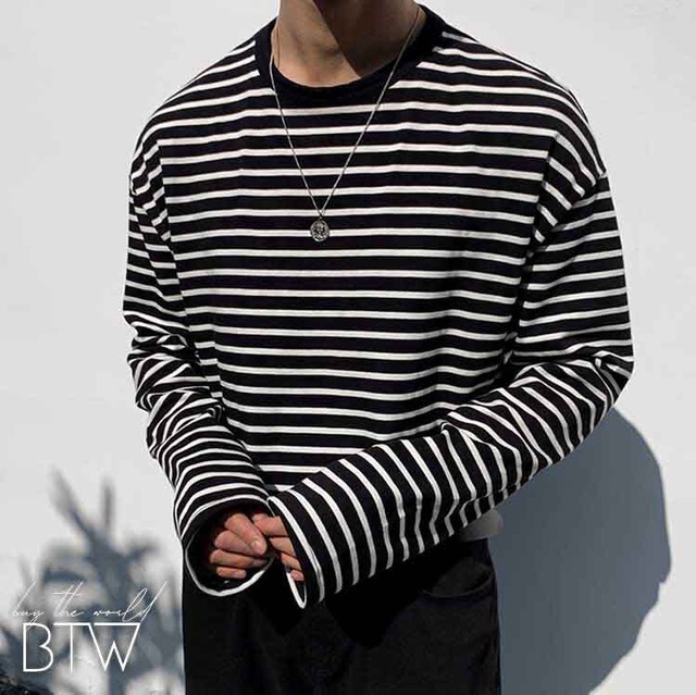 【韓国メンズファッション】ボーダー柄長袖Tシャツ カジュアル ロンT モノトーン ユニセックス BW2311