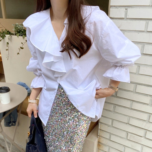 Vネックワンサイドカラーフリルシャツ♢全3色　10728