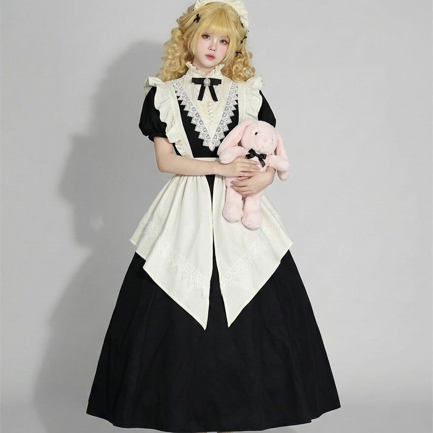 クラシカルメイド服 ロングスカート 付け袖付き 黒白ワンピース｜WithU