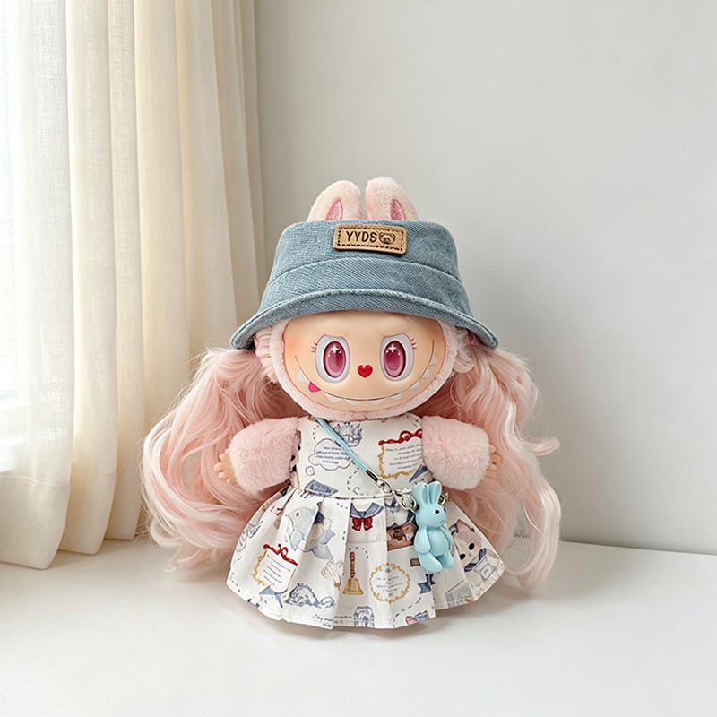 Labubu 1-3代用 かわいいプリントワンピース+ウサギチャーム+帽子
