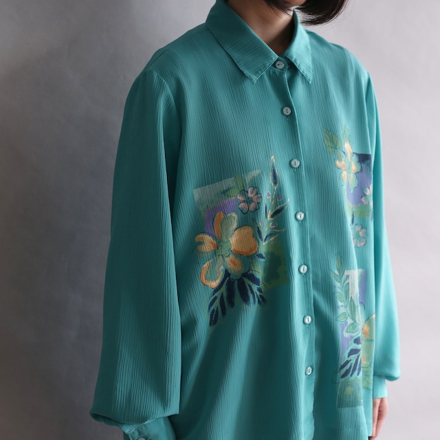 mint blue wrinkles fabric flower art pattern l/s shirt