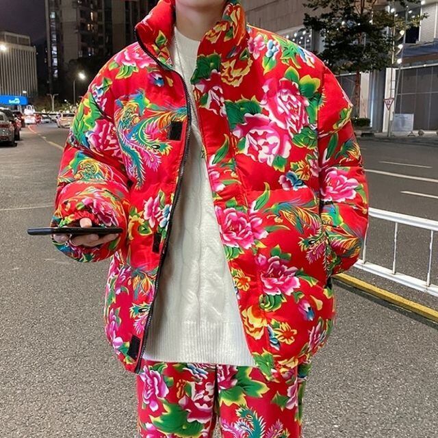 予約販売】ダウンジャケット アウター レトロ 花柄 メンズ お洒落