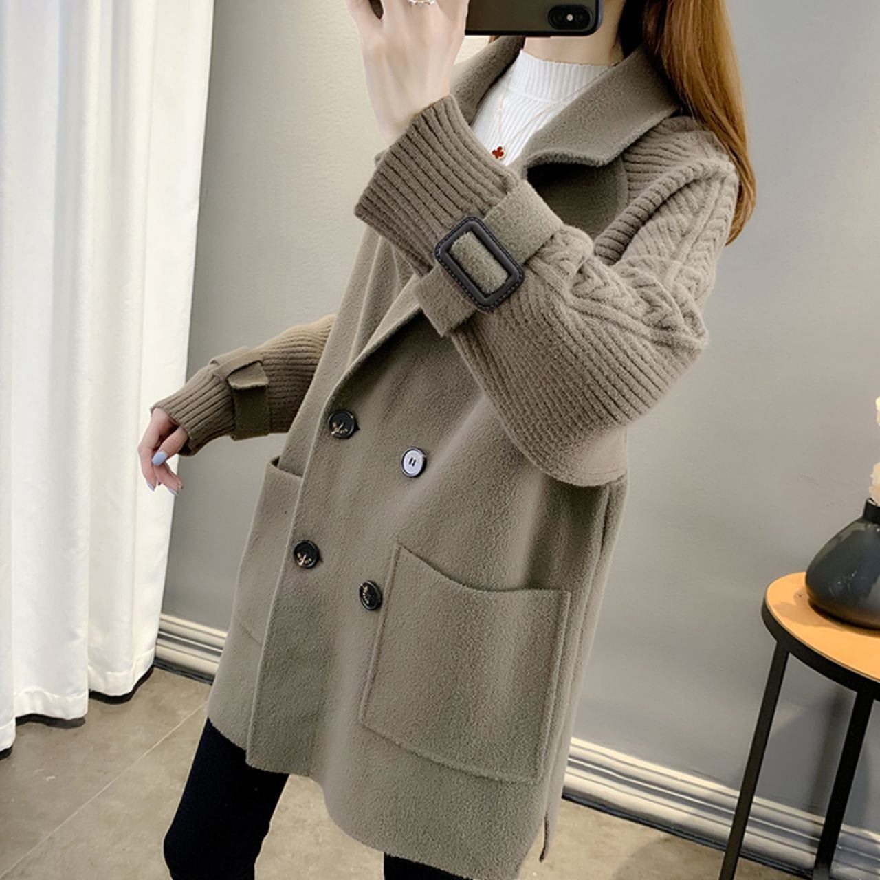 ニット切替ダブルボタンジャケットコート Ln00383